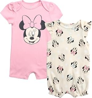 Disney Baby Girls Romper 2 Pack: Minnie Mouse Ruffle Sleeve Romper (Newborn/Infant)