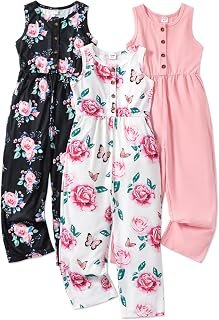 Sponsored Ad - PATPAT 3 Pieces Girl Rompers Solid Floral Button Down Sleeveless Jumpsuits Long Pants Multipack with Pockets
