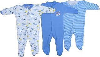 TiniBerry New Born Baby Multi-Color Long Sleeve Cotton Sleep Suit Romper for Boys and Girls Set of 3 (0-3 Months, Light Bl...