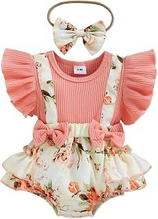 Sponsored Ad - PATPAT Baby Girl Floral Romper Ribbed Ruffle Sleeve Floral Print Layered Suspender Shorts Jumpsuit with Hea...