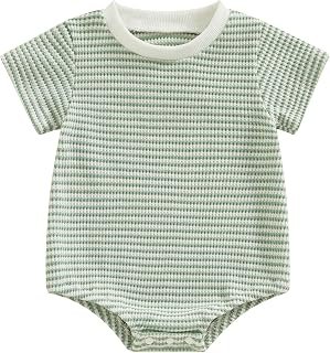 Newborn Baby Boy Girl Waffle Romper Short Sleeve Solid Striped Crewneck Bubble Oversized Bodysuit Infant Summer Outfit