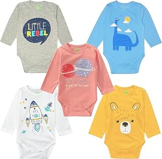 YUV Baby Boy's and Girl's Pack of 5 Multi-Coloured Full Sleeve 100% Cotton Printed Onesie/Romper - 0 to 12 Months