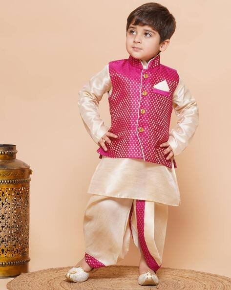 AJ DEZINES Geometric Woven Kurta & Dhoti Set with Waistcoat