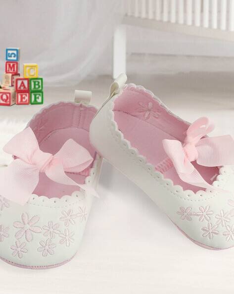 Babymoo Floral Embroidered Booties with Bow
