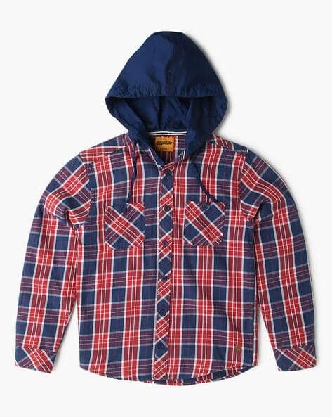 BOY CODE Boys Checked Relaxed Fit Hooded Shirt