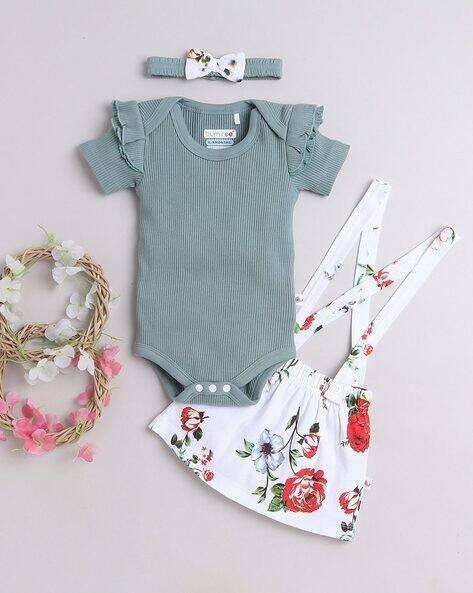 BUMZEE Girls Floral Print Bodysuit with Skirt & Headband