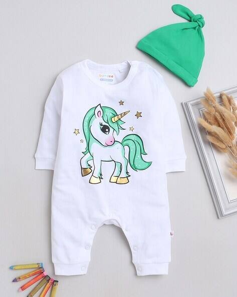 BUMZEE Girls Graphic Print Romper with Cap