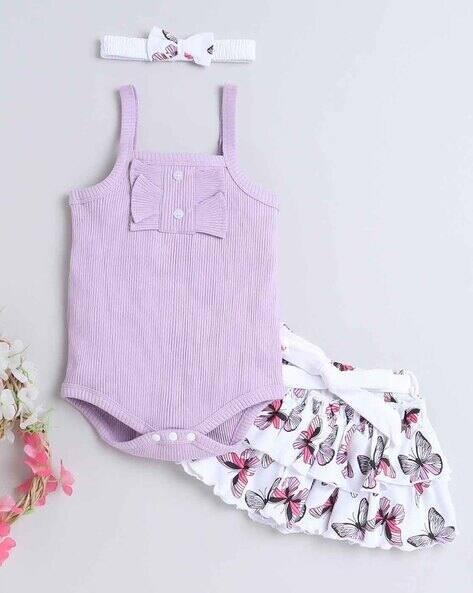 BUMZEE Girls Ribbed Bodysuit & Skirt Set with Headband