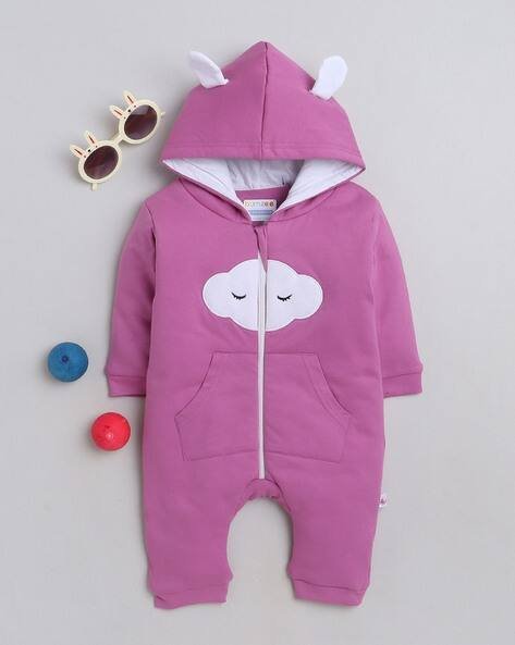 BUMZEE Girls Embroidered Hooded Romper