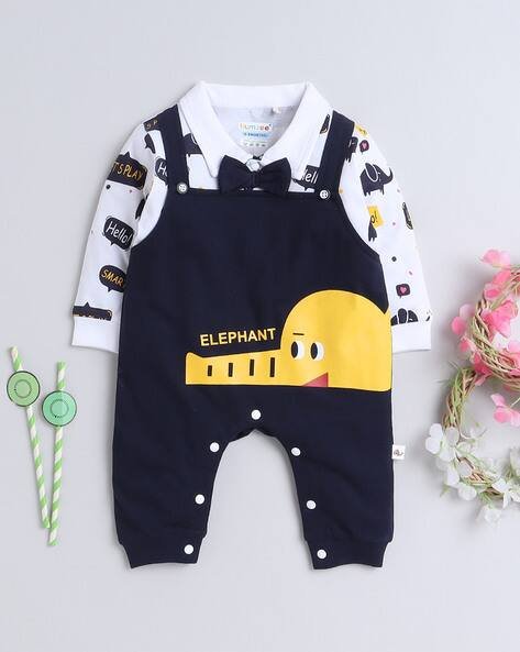 BUMZEE Elephant Print Rompers with Bow Applique