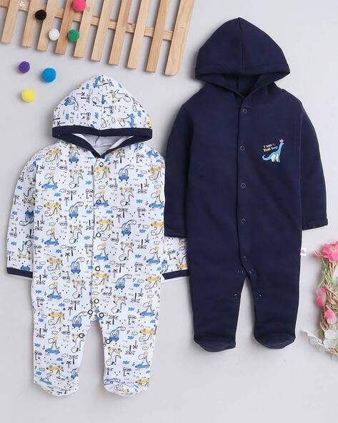 BUMZEE Pack of 2 Printed Hooded Sleepsuit with Snap Button-Closure