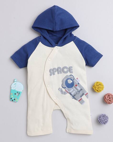 BUMZEE Printed Hooded Rompers with Short Sleeves