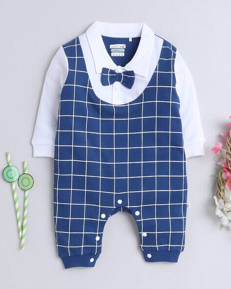BUMZEE Checked Rompers with Bow Applique