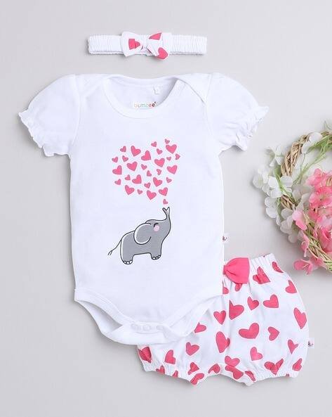 BUMZEE Girls Graphic Print Bodysuit with Shorts & Headband