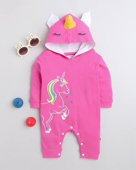 BUMZEE Girls Unicorn Print Hooded Romper