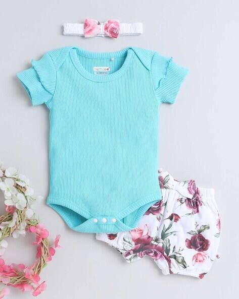 BUMZEE 3-Piece Floral Print Shorts Set with Headband