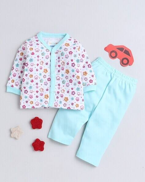 BUMZEE Girls Floral Print Cotton Jabla & Pyjamas Set
