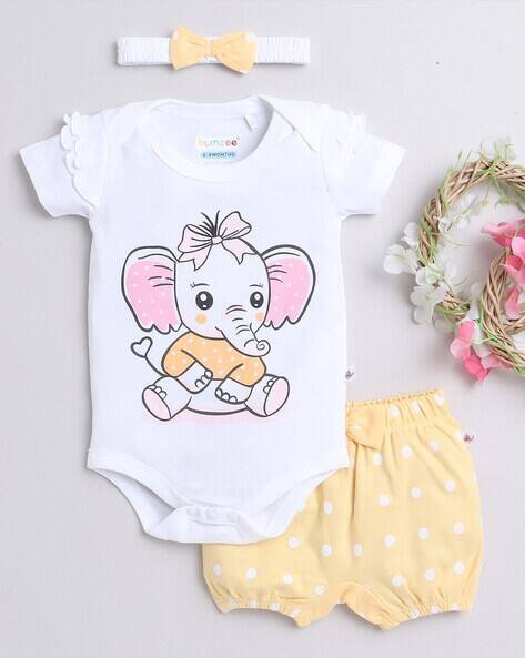 BUMZEE Girls Printed Bodysuit with Shorts & Headband