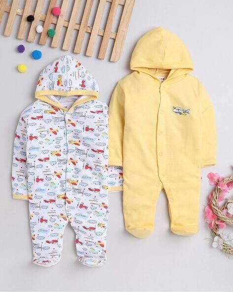 BUMZEE Pack of 2 Printed Hooded Sleepsuit Set