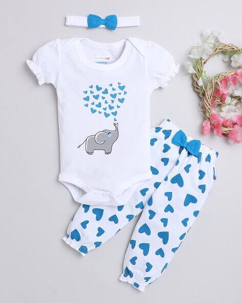 BUMZEE Girls Graphic Print Bodysuit with Joggers & Headband