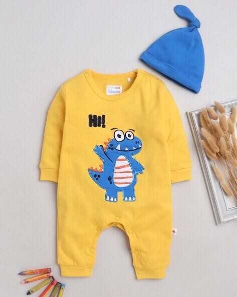 BUMZEE Unisex Dinosaur Applique Round-Neck Romper