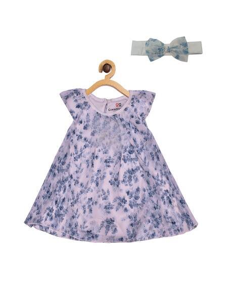 CREATIVE KID'S Floral Print Boat Neck Romper Dress with Bow Headband