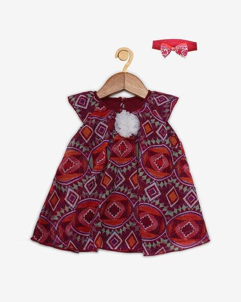 CREATIVE KID'S Geometric Print Romper Dress with Bow Headband
