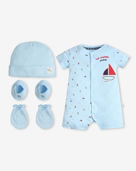 Ed-A-Mamma Boys Printed Romper with Mittens Booties & Cap Set