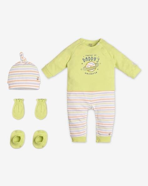 Ed-A-Mamma Unisex Striped Romper with Mitten Bootie & Cap Set
