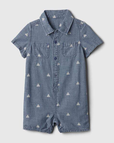 Gap Kids Short Sleeves Lightly Washed Printed Denim Romper