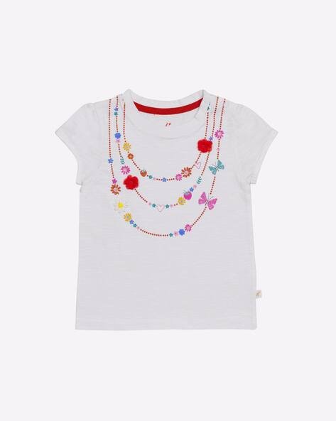 H by Hamleys Printed Round-Neck T-shirt with Floral Applique