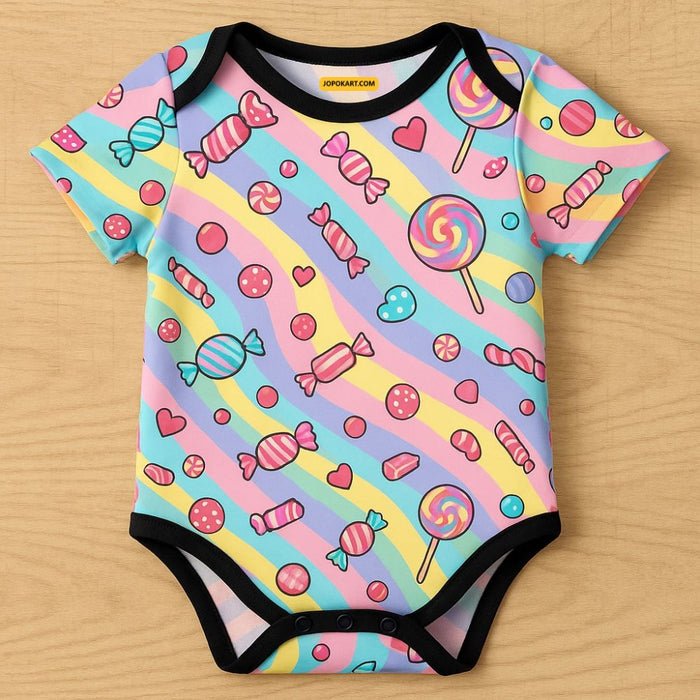 Personalized Candy Print Baby Bodysuit in Honeycomb Fabric - Jopokart Baby Romper
