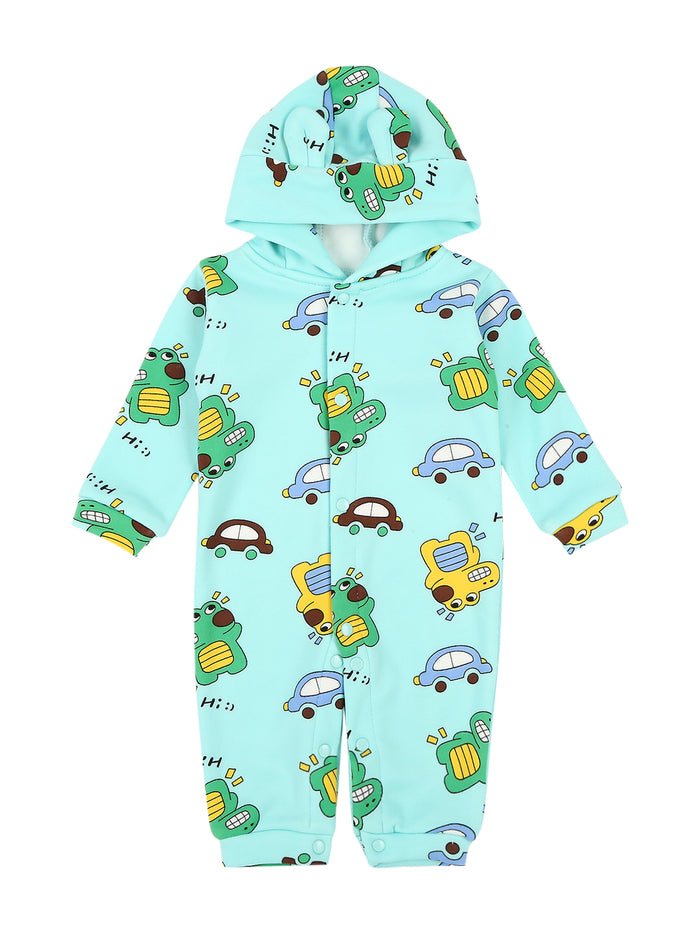 Sea Green Hooded Baby Romper, Car & Crocodile Print - Me n Moms Baby Romper
