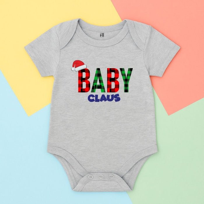Baby Claus Christmas Romper, Grey Plaid Print - Jopokart Baby Romper