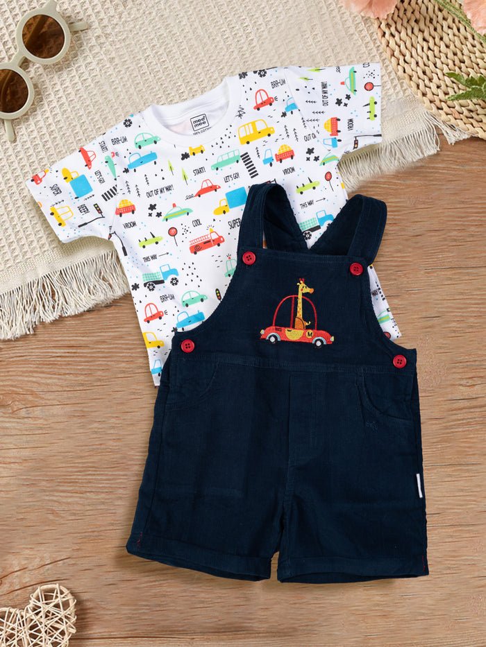 Navy Baby Romper Set, Giraffe Car Embroidery - Me n Moms Baby Romper