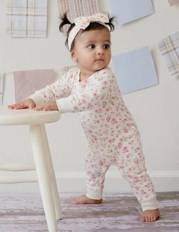 Organic Cotton Growsuit with Matching Bow Headband - Oh My Bebe Baby Romper