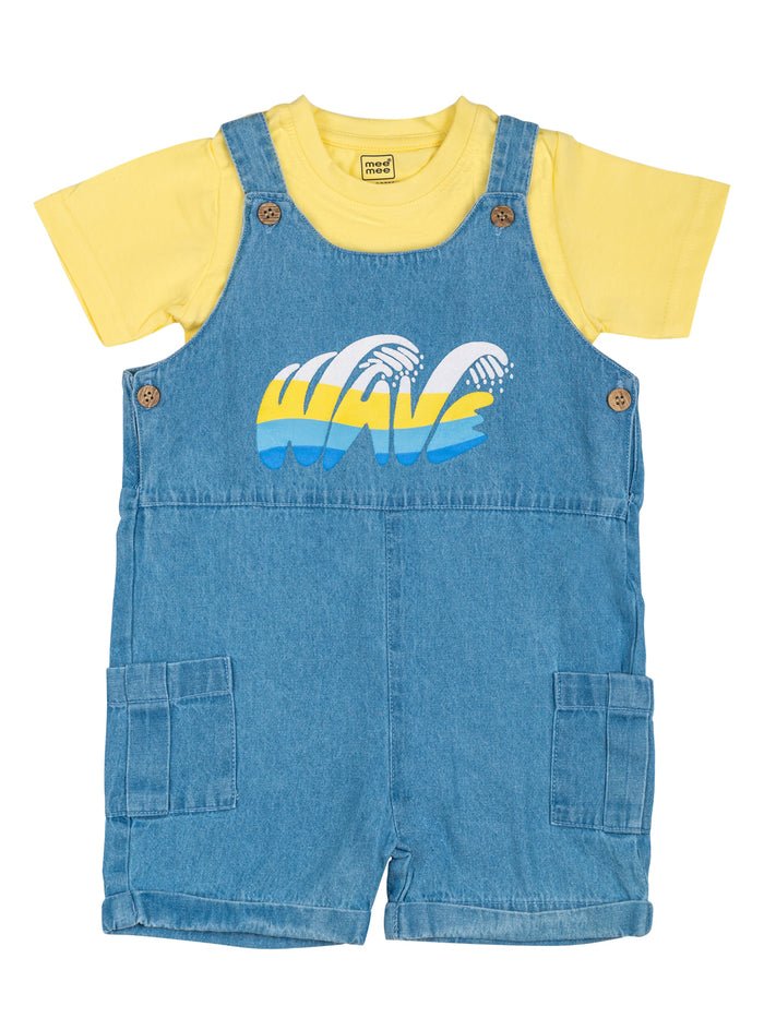 Blue Denim Dungaree Romper Set for Baby Boys, Wave Design