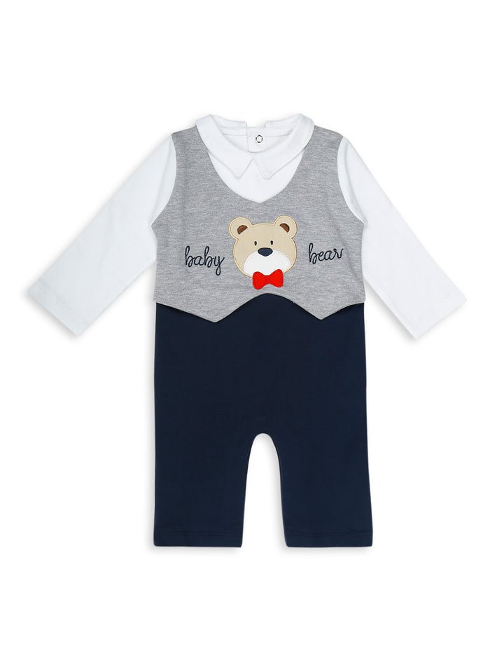 Navy Cotton Baby Romper with Bear Applique - Me n Moms Baby Romper