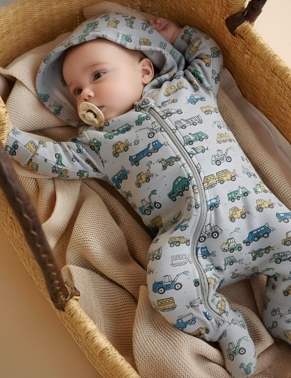 Organic Quilted Hooded Baby Romper, Truck Print - Oh My Bebe Baby Romper