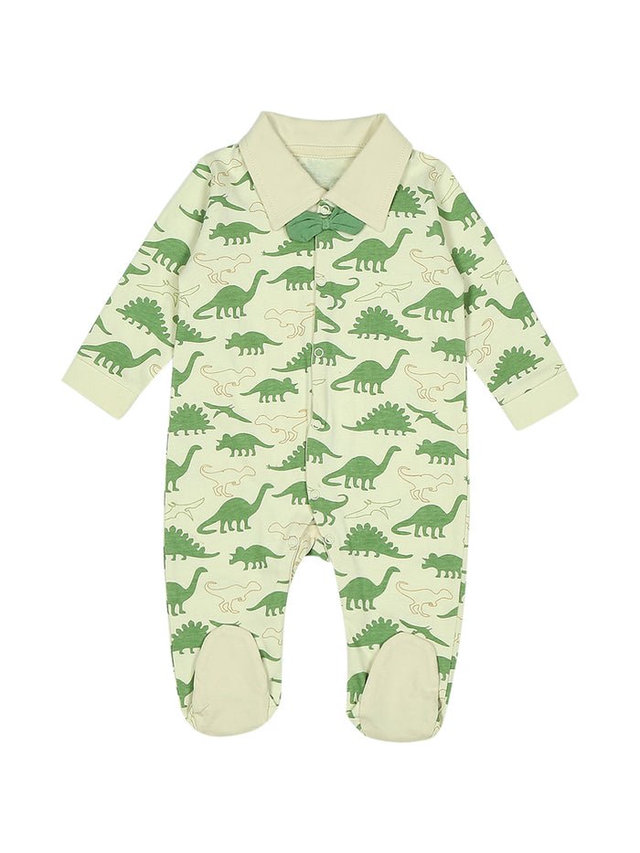 Beige Dinosaur Print Footed Baby Sleepsuit - Me n Moms Baby Romper