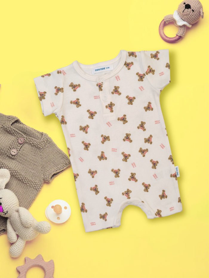Off-White Cotton Romper with All-Over Bear Print - Me n Moms Baby Romper