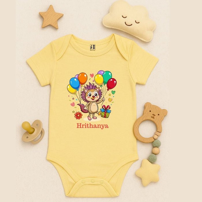Birthday Fox Custom Printed Baby Romper, Light Yellow - Jopokart Baby Romper