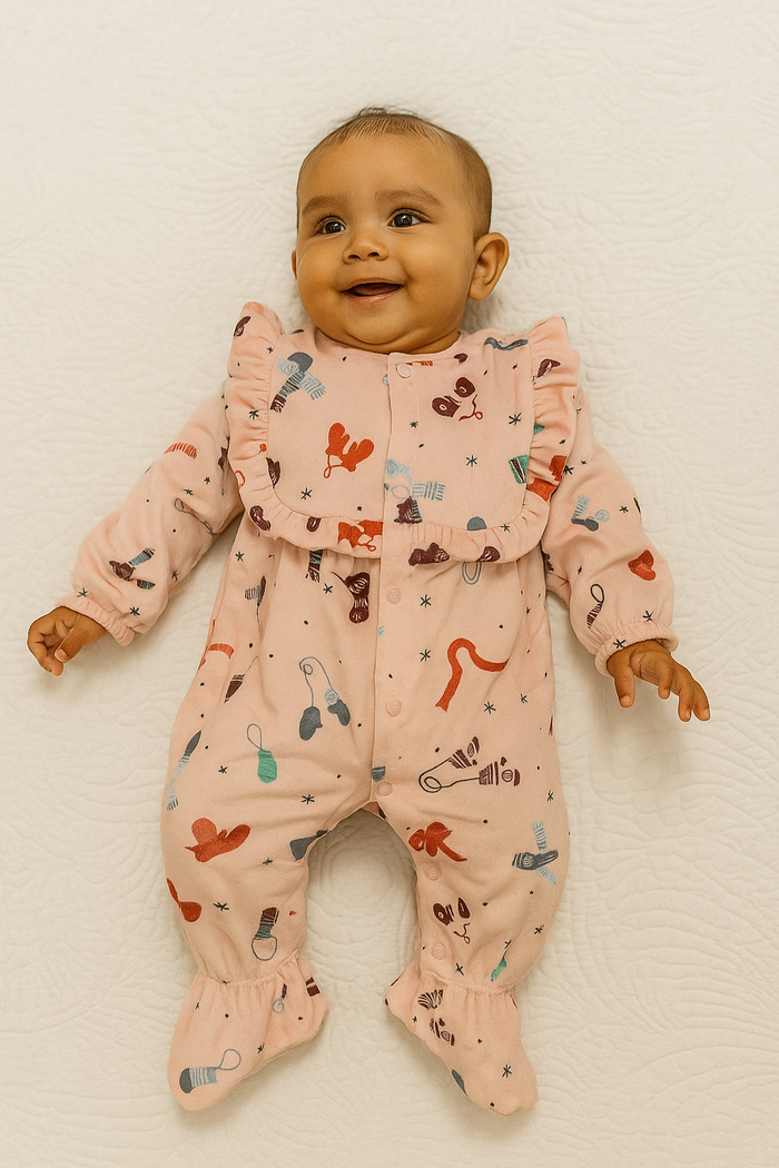 Pink Velour Winter Romper with Ruffle Detail - Me n Moms Baby Romper