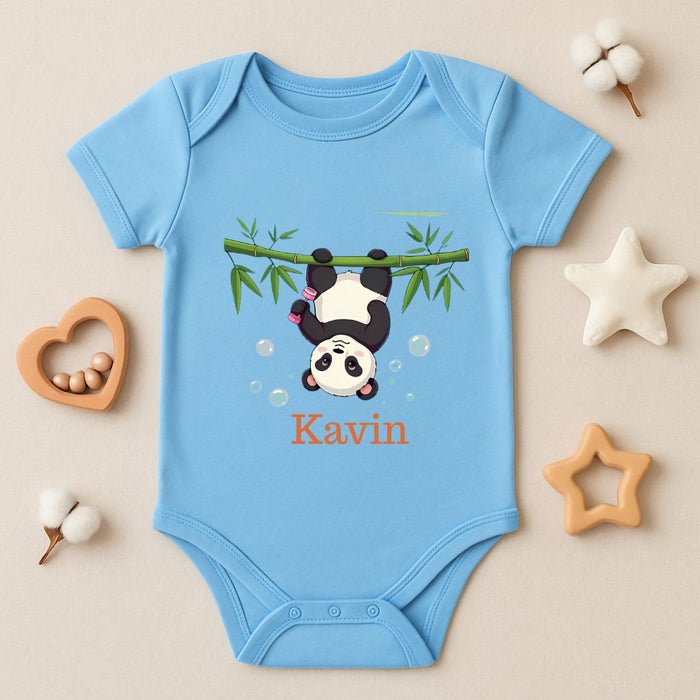 Personalized Panda Print Baby Bodysuit, Sky Blue - Jopokart Baby Romper