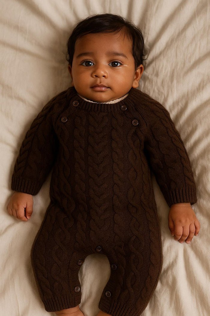 Brown Cable Knit Winter Romper with Cozy Lining - Me n Moms Baby Romper