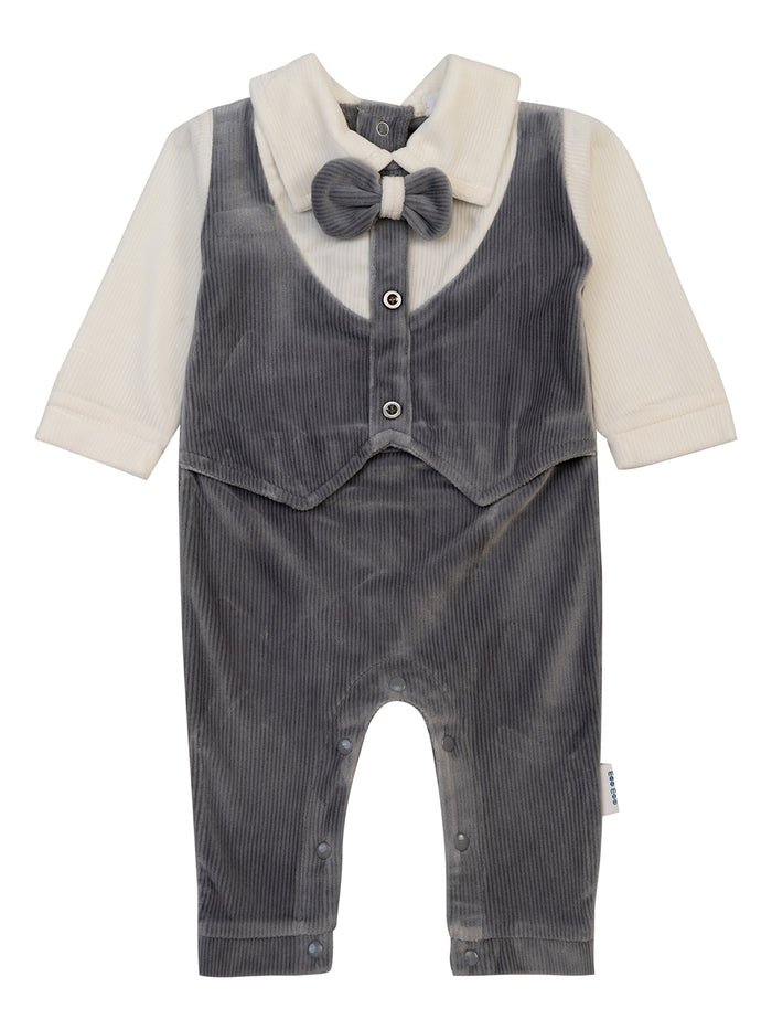 Dark Grey Corduroy Suit-Style Romper with Bow Tie - Me n Moms Baby Romper