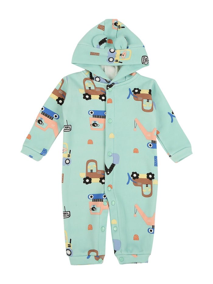 Green Hooded Cotton Romper with Construction Vehicle Print - Me n Moms Baby Romper