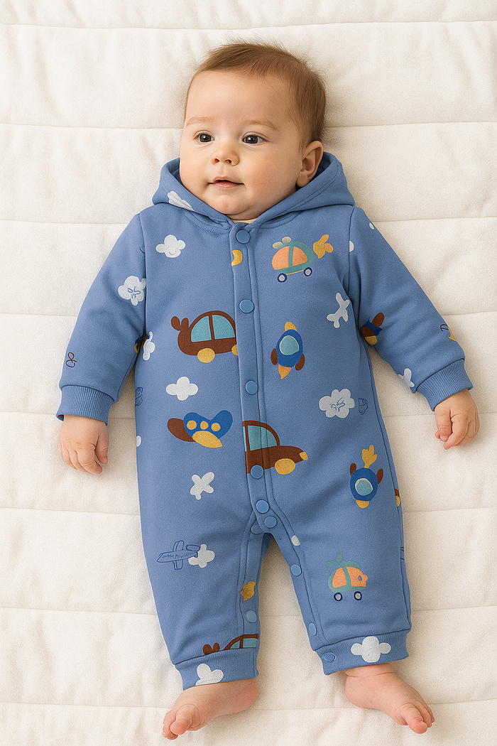 Light Blue Hooded Cotton Romper with Dinosaur Print