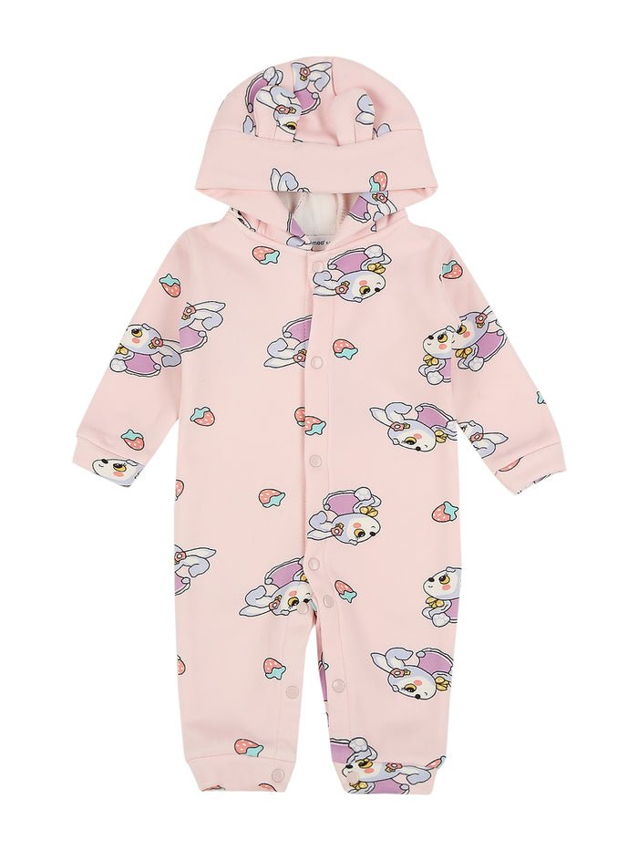 Pink Hooded Baby Romper, Bunny Print, Full Sleeve - Me n Moms Baby Romper