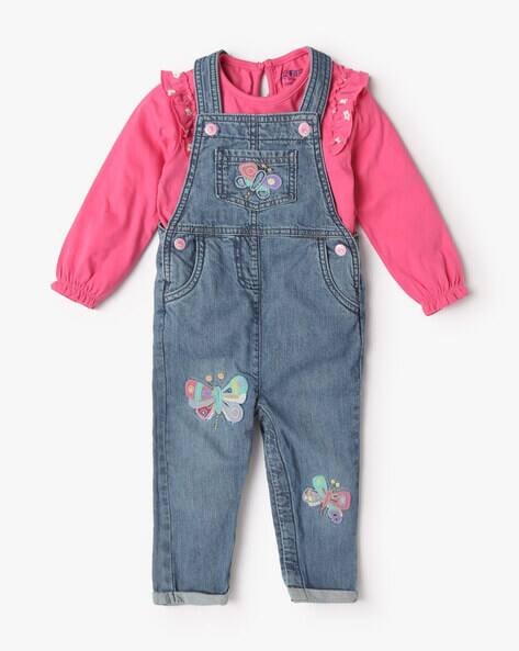 INF FRENDZ Girls Embroidered Denim Dungaree with Top